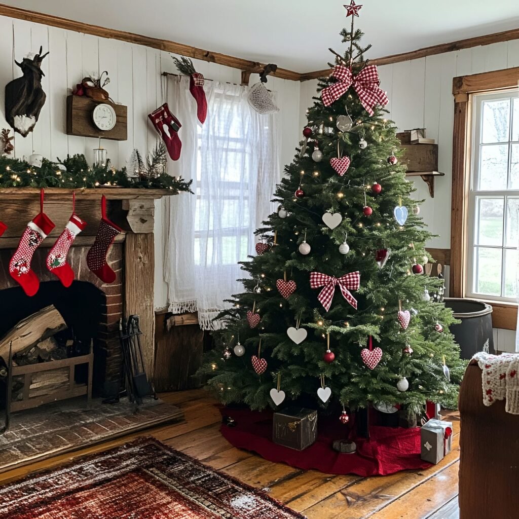 24. Gingham and Tinsel Christmas Tree with Tin Hearts & Bows