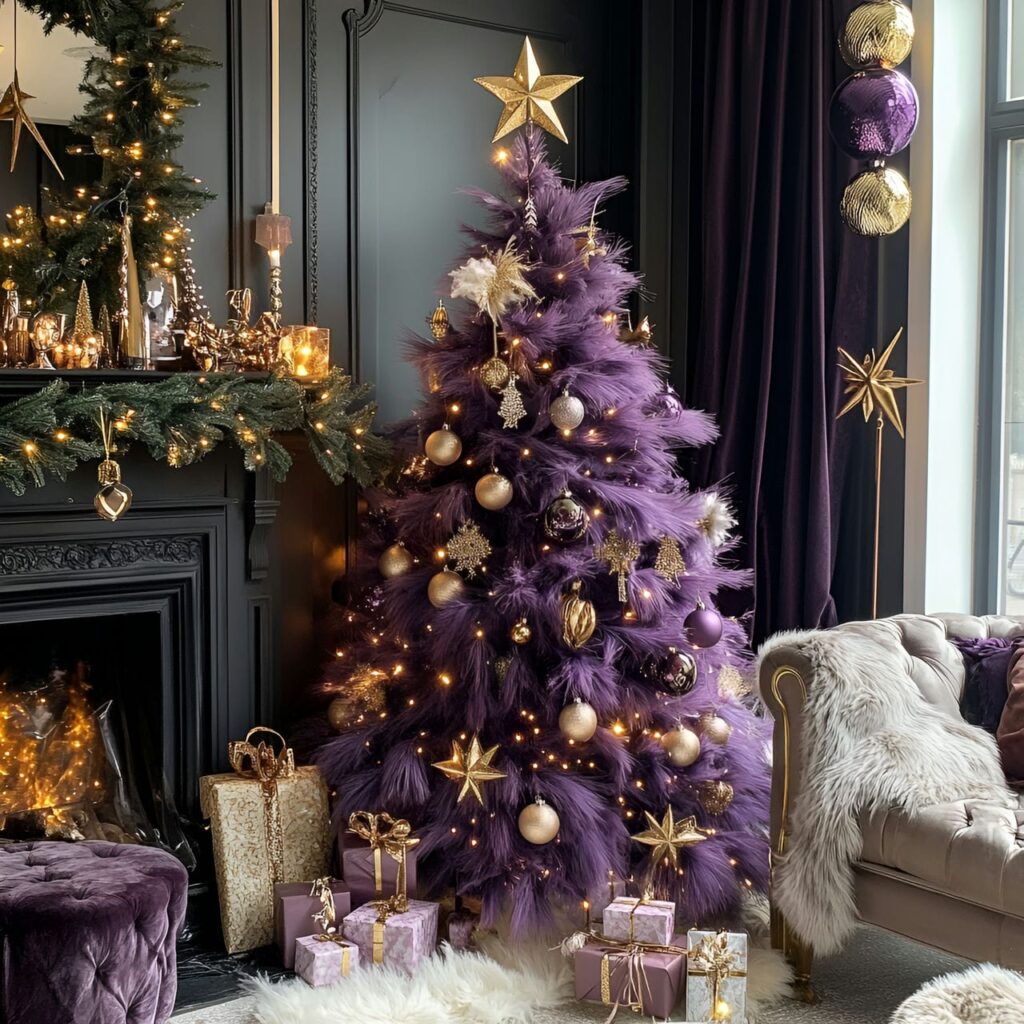 19. Glamorous Festive Charm with Gold Stars and Purple Textiles