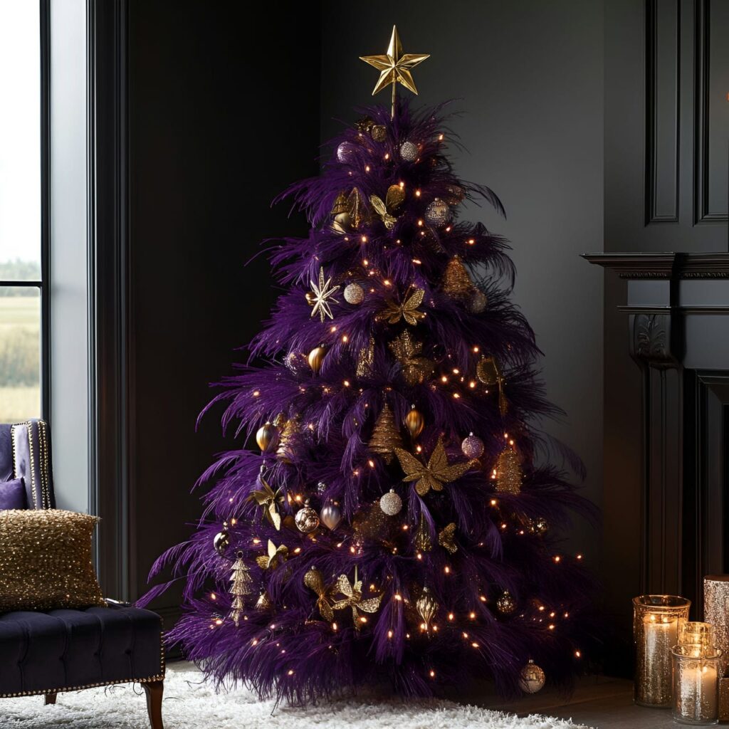 19. Glamorous Festive Charm with Gold Stars and Purple Textiles