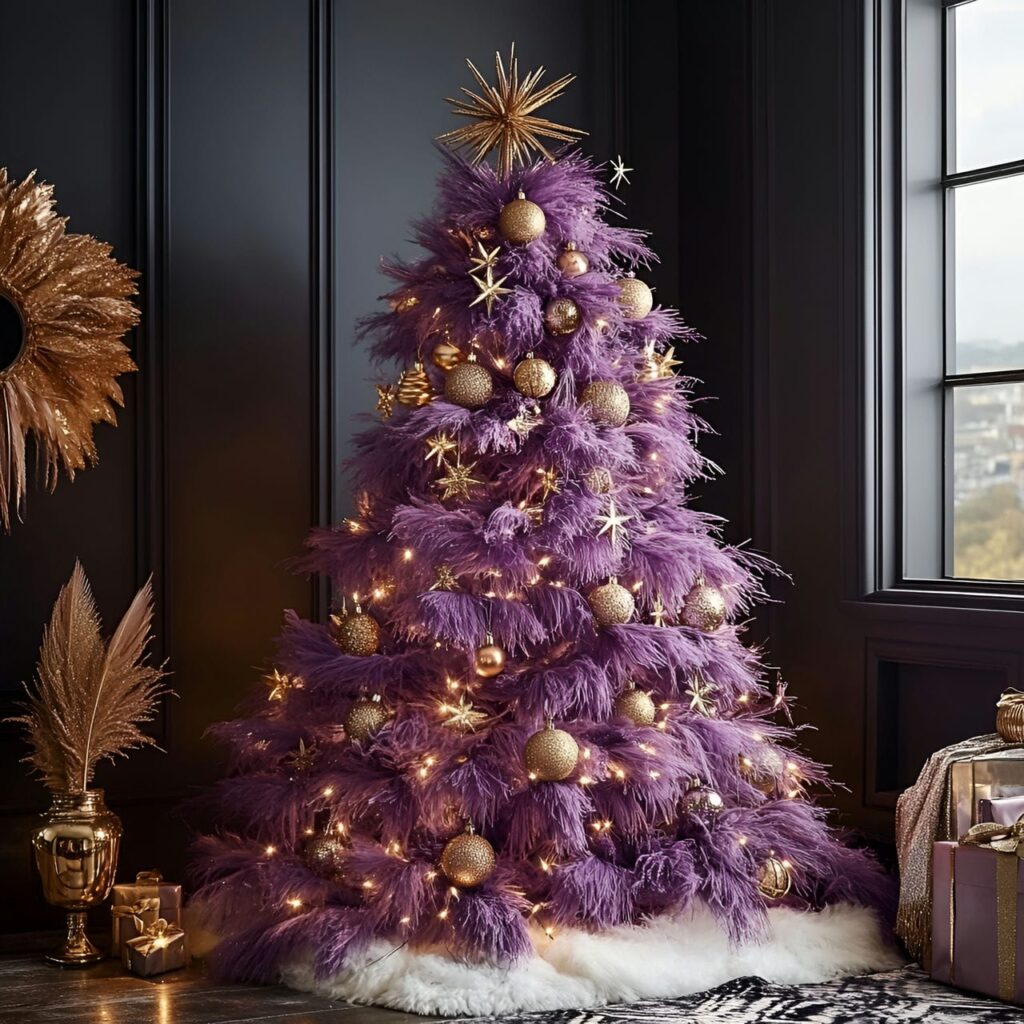 19. Glamorous Festive Charm with Gold Stars and Purple Textiles