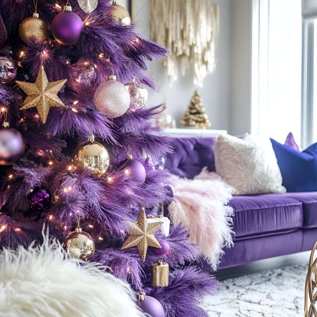 19. Glamorous Festive Charm with Gold Stars and Purple Textiles