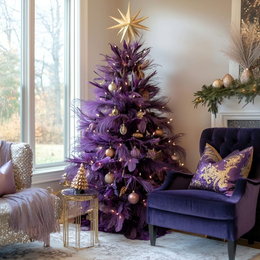 19. Glamorous Festive Charm with Gold Stars and Purple Textiles