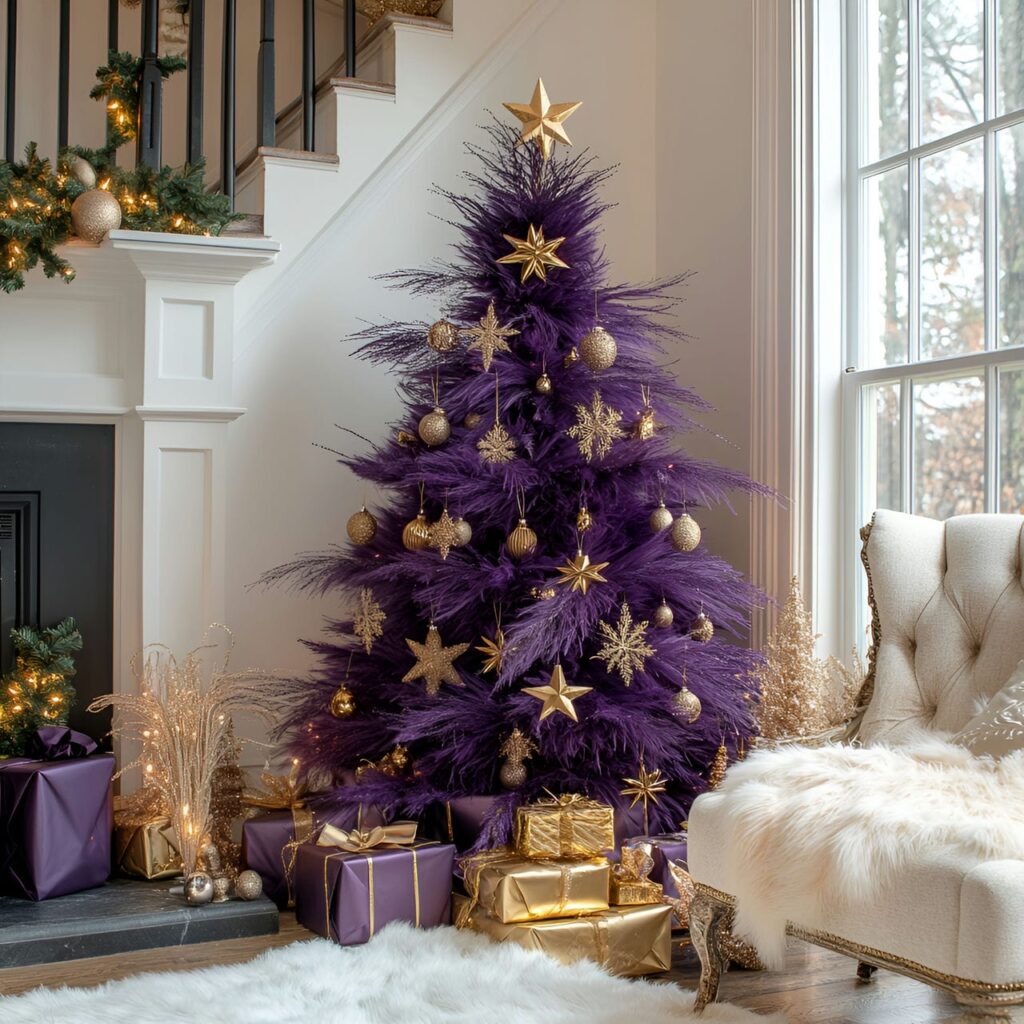 19. Glamorous Festive Charm with Gold Stars and Purple Textiles