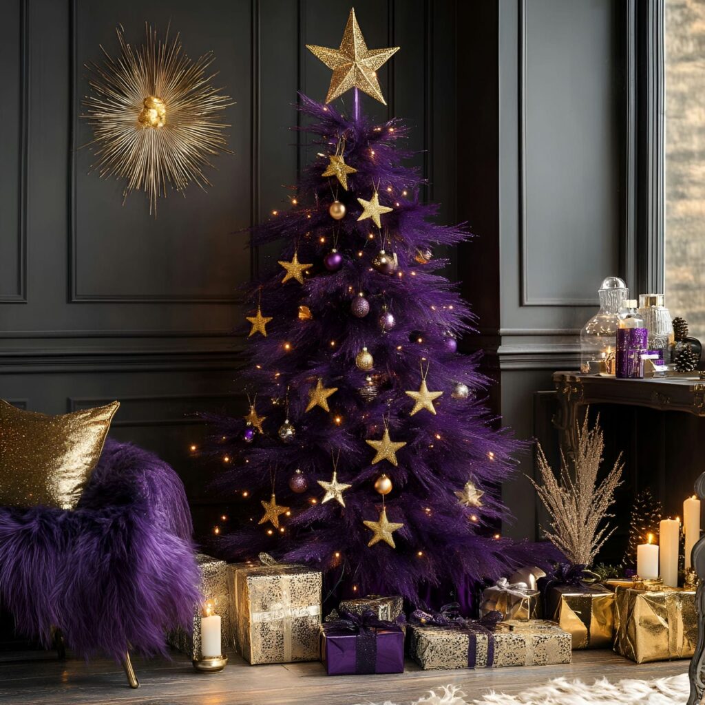 19. Glamorous Festive Charm with Gold Stars and Purple Textiles