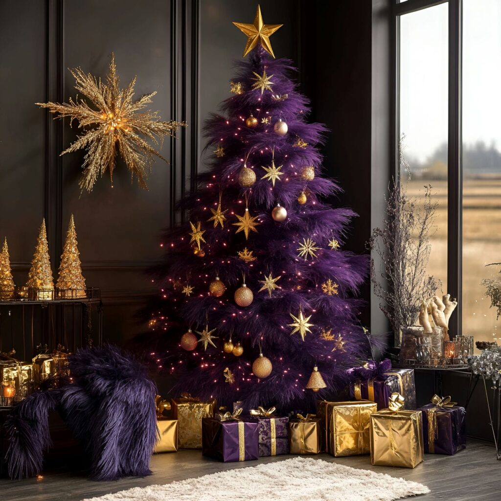 19. Glamorous Festive Charm with Gold Stars and Purple Textiles