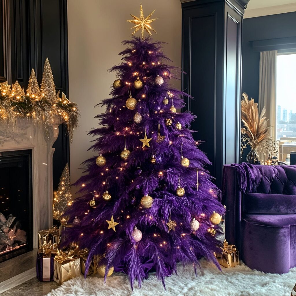 19. Glamorous Festive Charm with Gold Stars and Purple Textiles