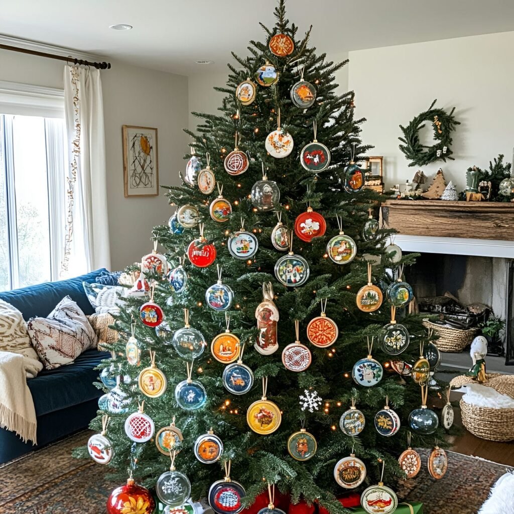 29. Glass Jar Lid Ornament Tree with Hand-Painted Designs