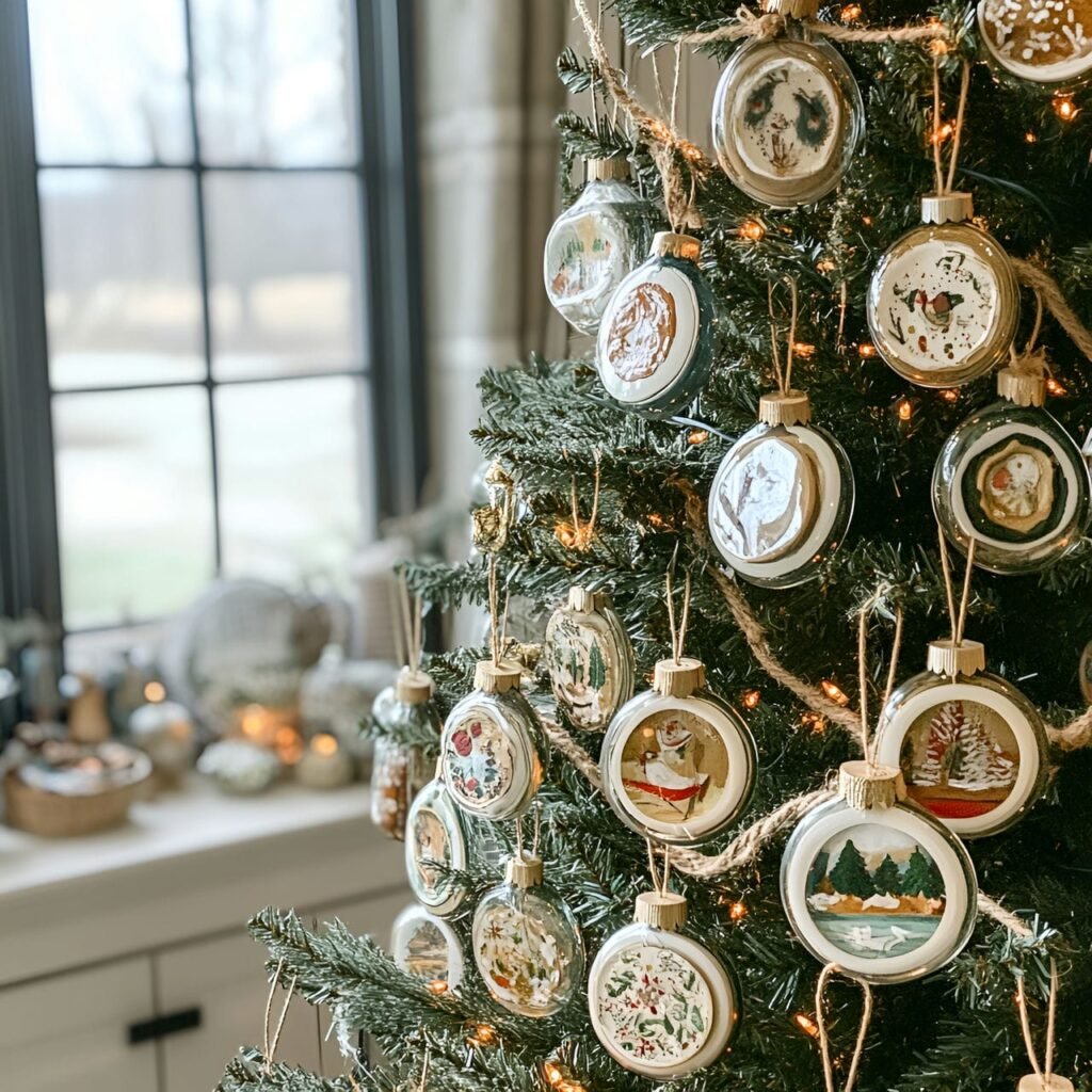 29. Glass Jar Lid Ornament Tree with Hand-Painted Designs