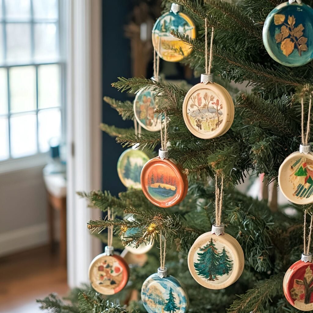 29. Glass Jar Lid Ornament Tree with Hand-Painted Designs