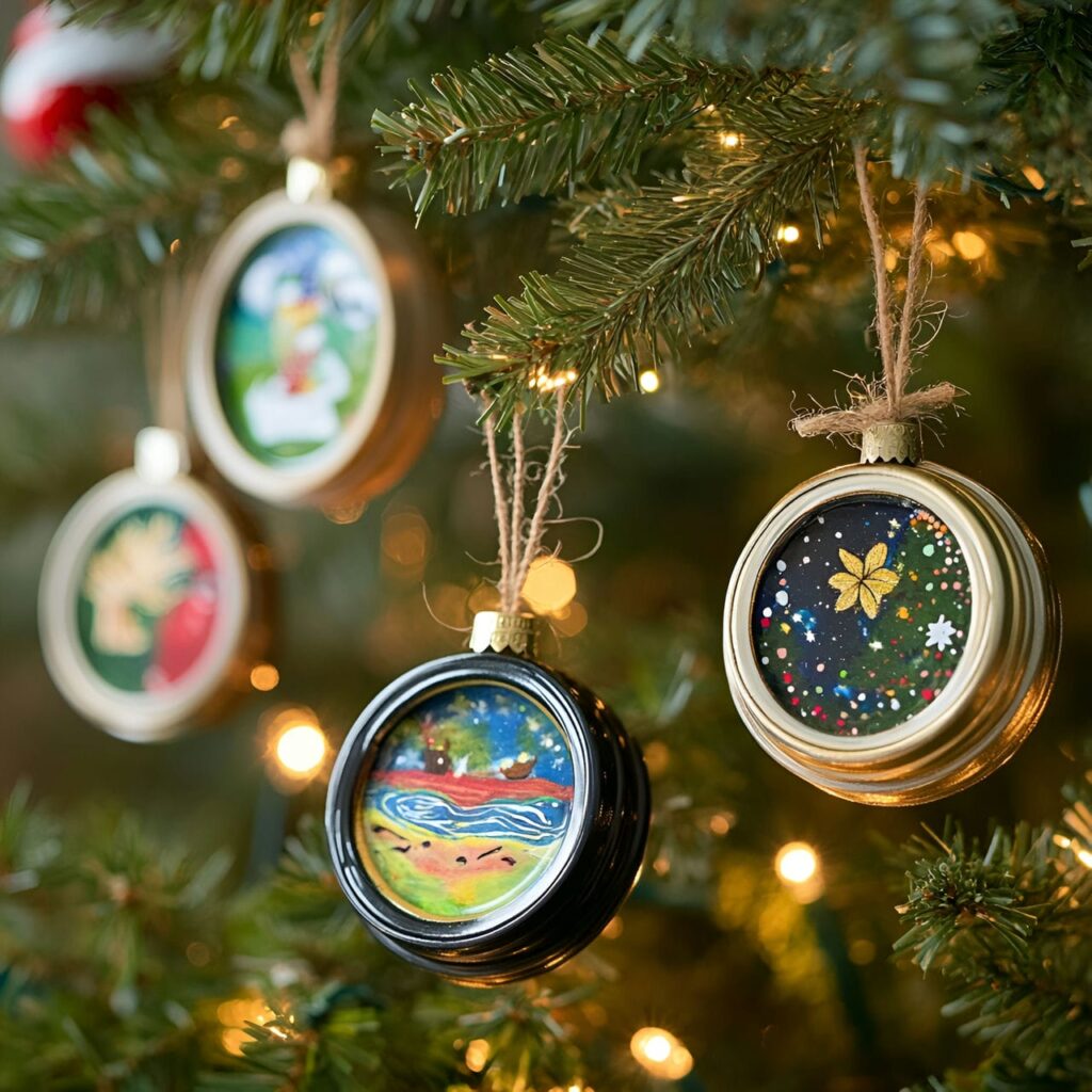 29. Glass Jar Lid Ornament Tree with Hand-Painted Designs