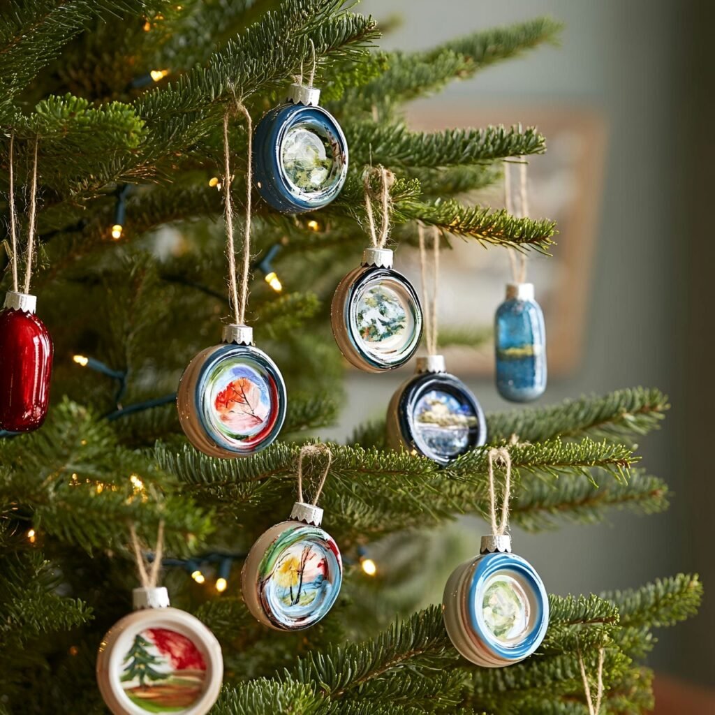 29. Glass Jar Lid Ornament Tree with Hand-Painted Designs