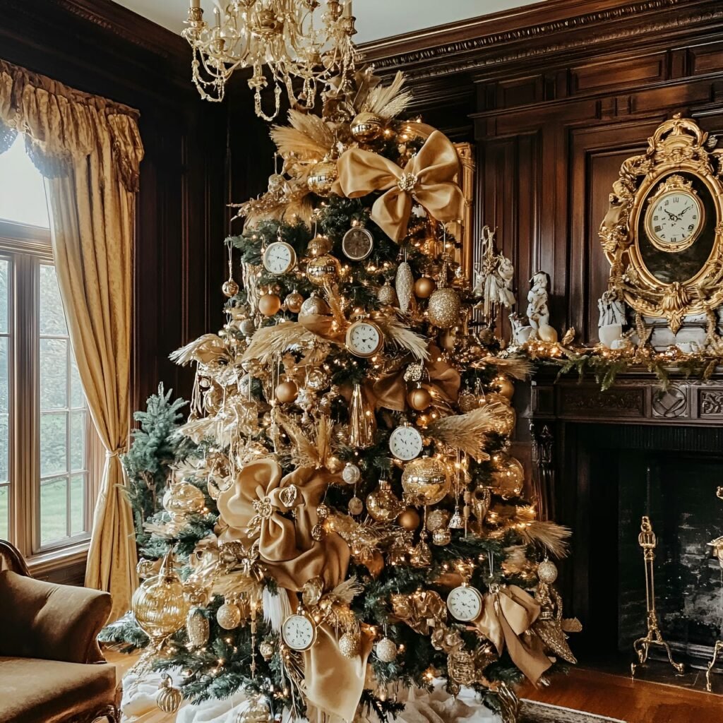 22. Golden Era Christmas Tree with Satin Bows & Clock Faces