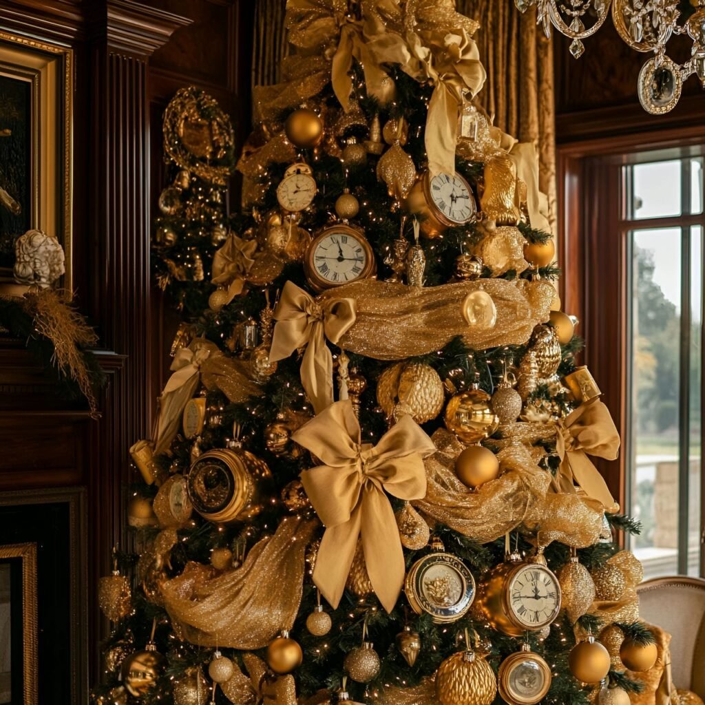 22. Golden Era Christmas Tree with Satin Bows & Clock Faces