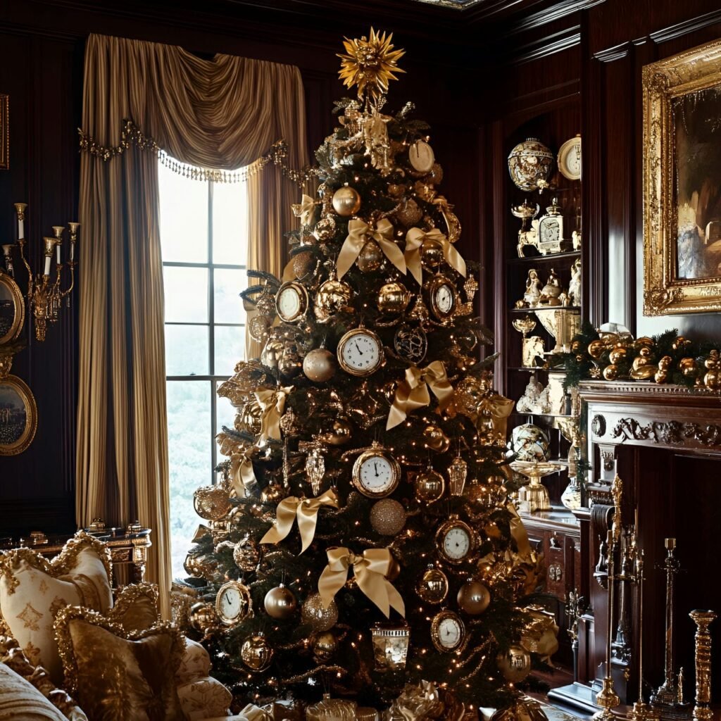 22. Golden Era Christmas Tree with Satin Bows & Clock Faces