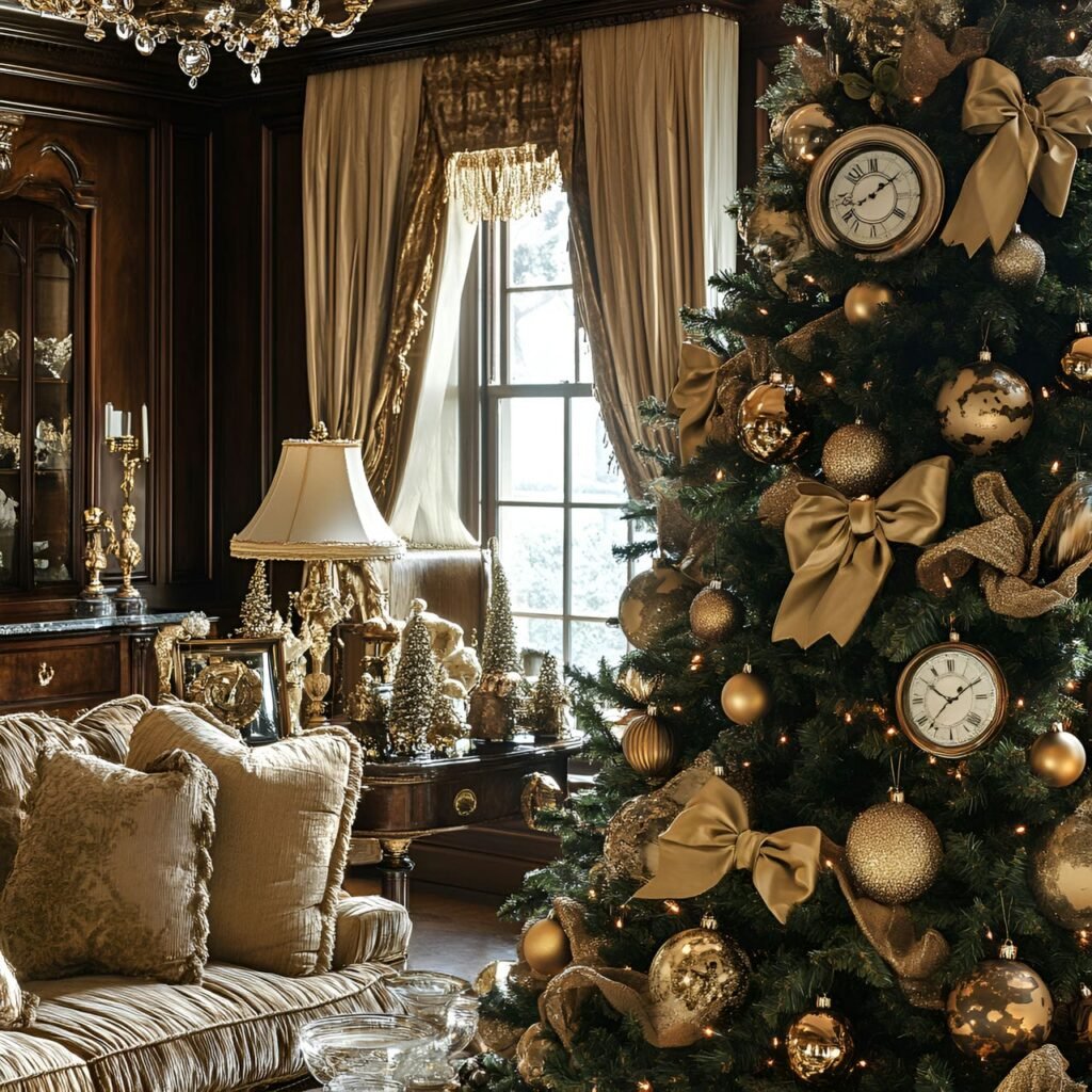 22. Golden Era Christmas Tree with Satin Bows & Clock Faces