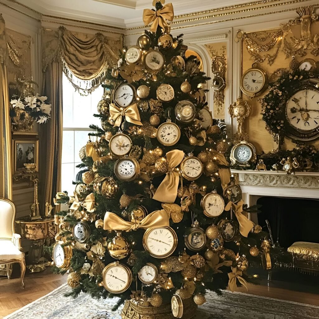 22. Golden Era Christmas Tree with Satin Bows & Clock Faces