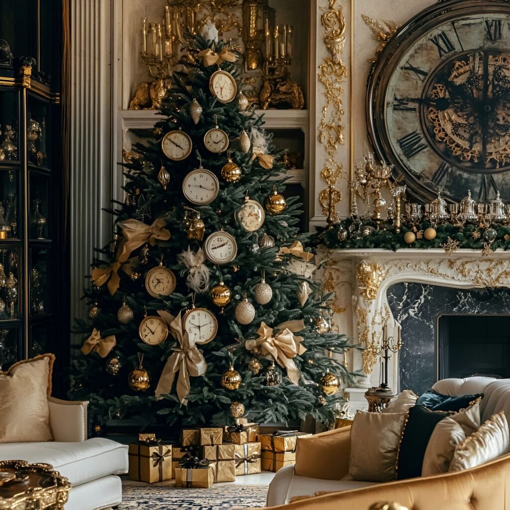 22. Golden Era Christmas Tree with Satin Bows & Clock Faces