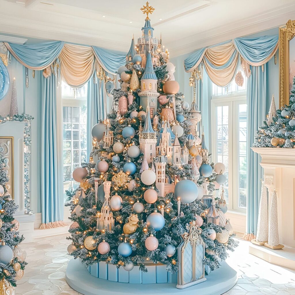 06. Grand Enchanted Castle Pastel Christmas Tree with Castle Ornaments