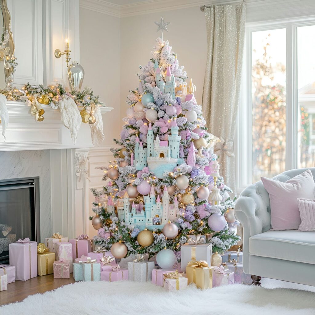 06. Grand Enchanted Castle Pastel Christmas Tree with Castle Ornaments