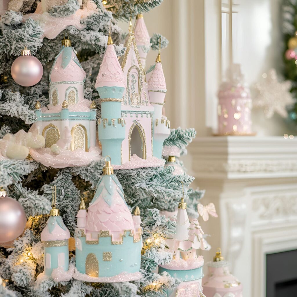 06. Grand Enchanted Castle Pastel Christmas Tree with Castle Ornaments