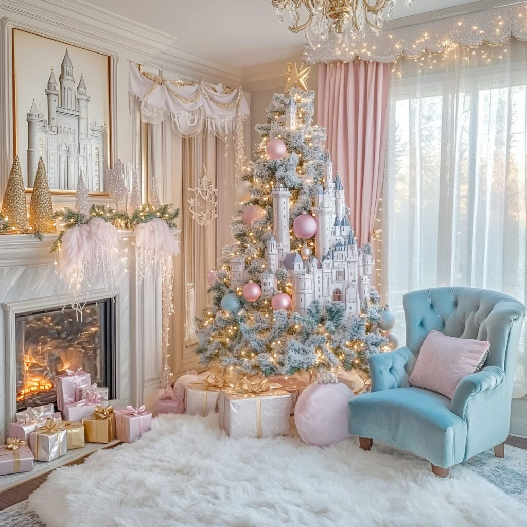 06. Grand Enchanted Castle Pastel Christmas Tree with Castle Ornaments