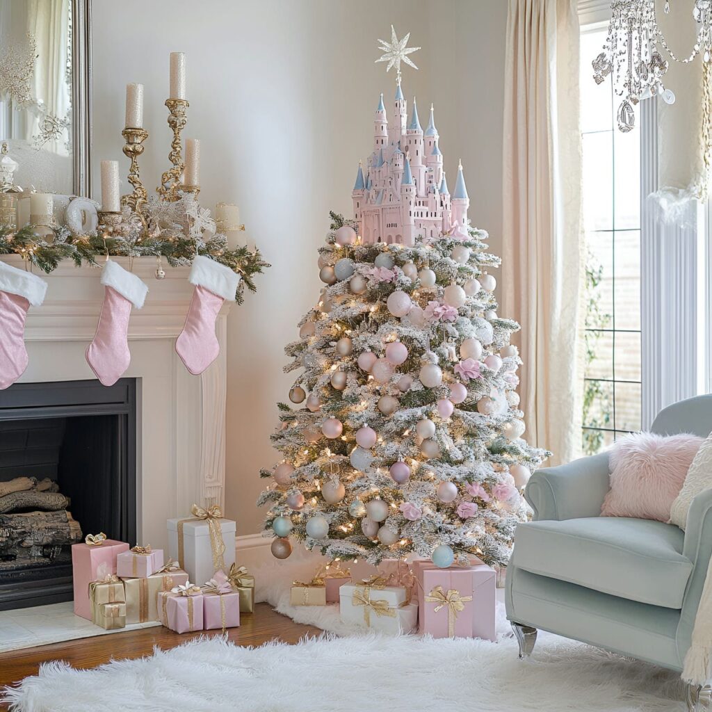 06. Grand Enchanted Castle Pastel Christmas Tree with Castle Ornaments