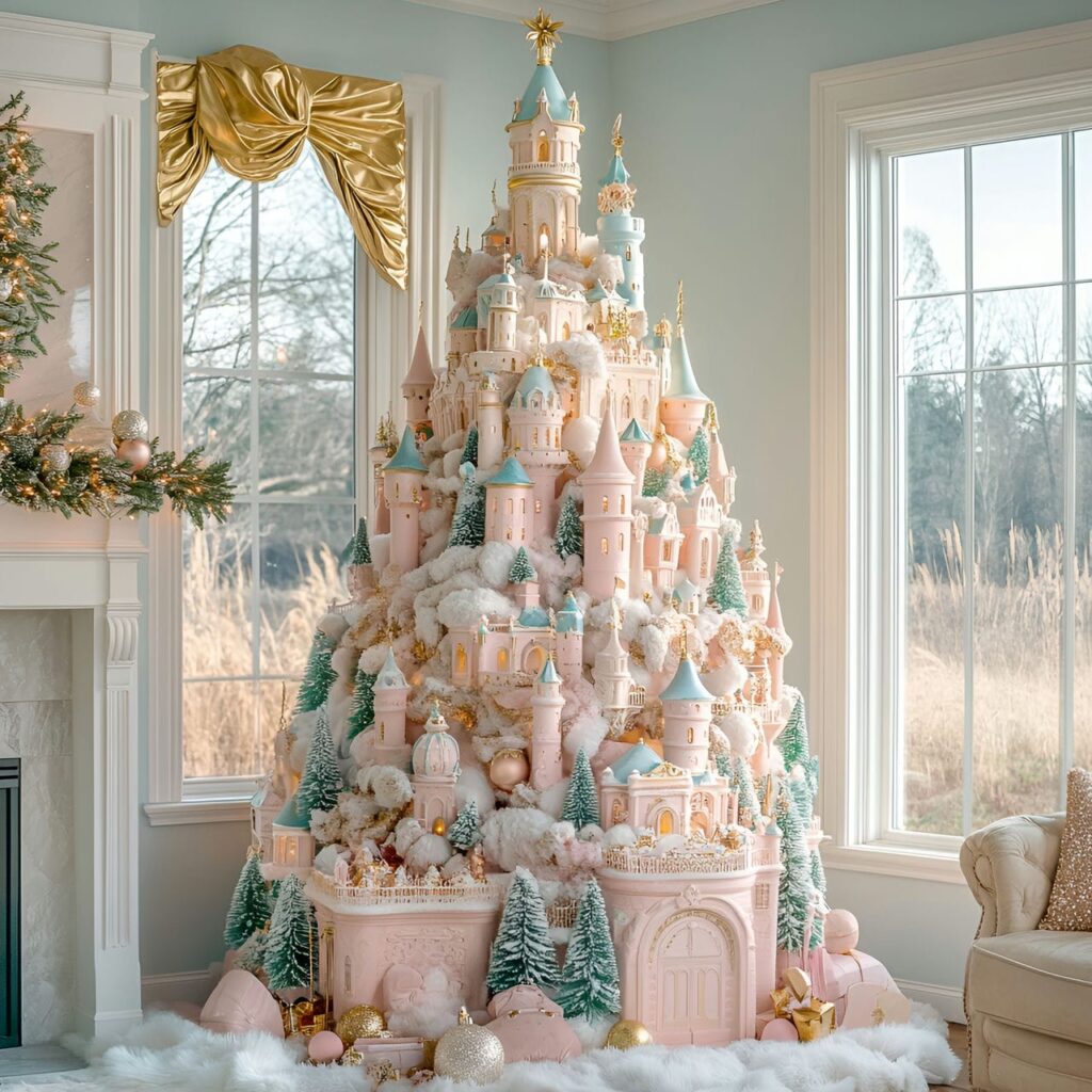 06. Grand Enchanted Castle Pastel Christmas Tree with Castle Ornaments