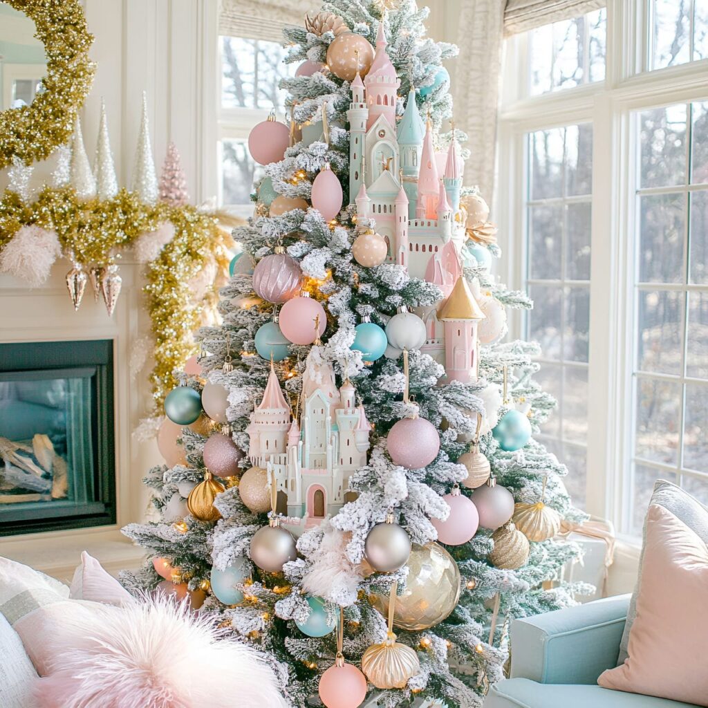 06. Grand Enchanted Castle Pastel Christmas Tree with Castle Ornaments