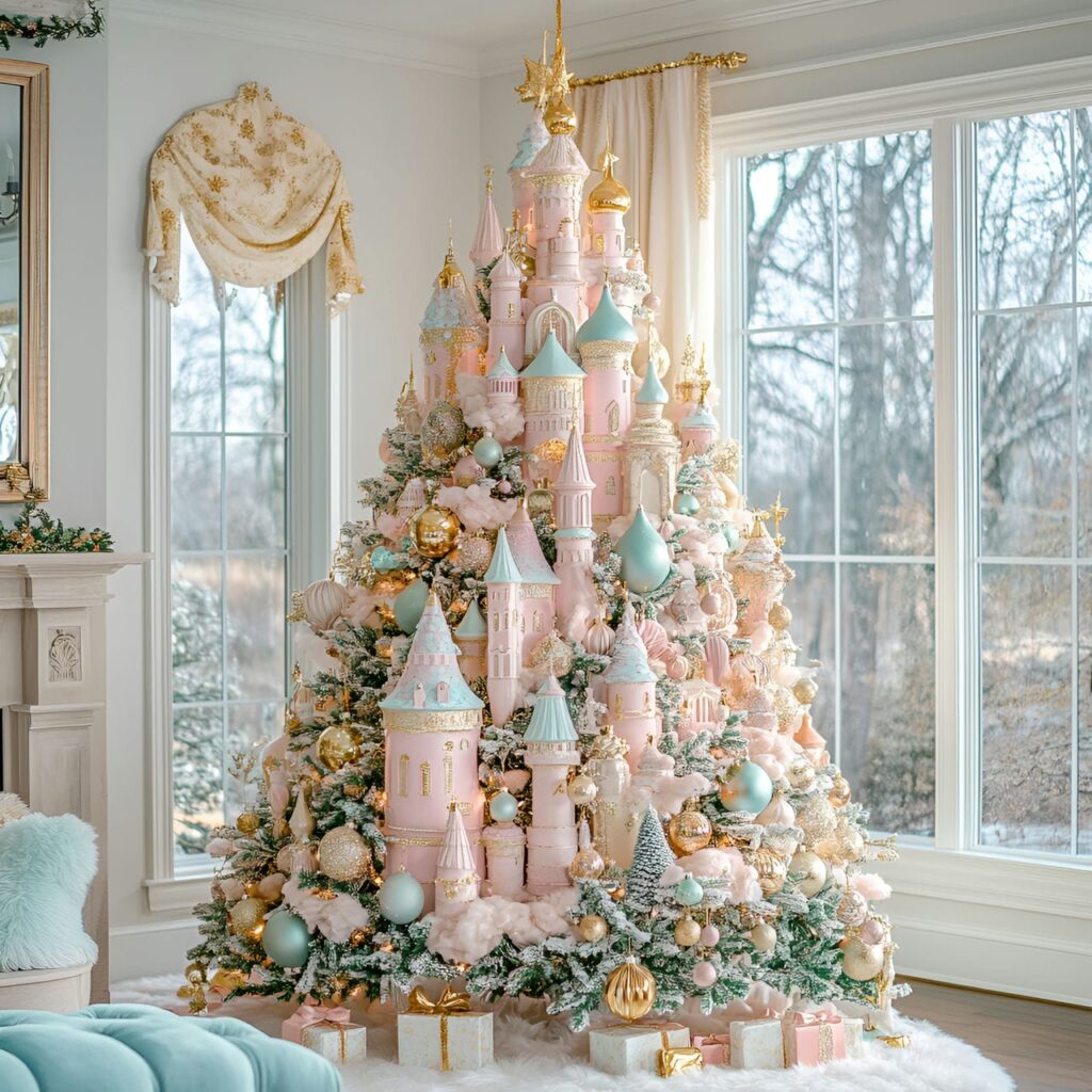 06. Grand Enchanted Castle Pastel Christmas Tree with Castle Ornaments