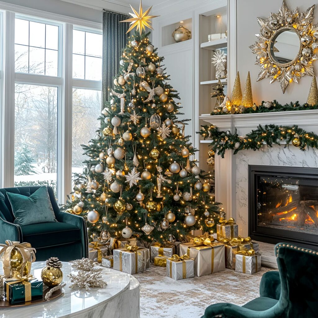 01. Grand Metallic Accents Christmas Tree with Gold & Silver Ornaments