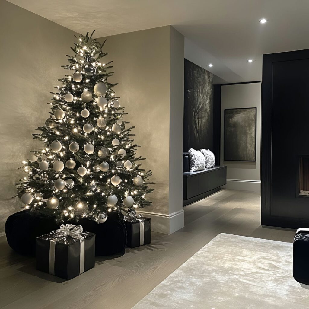 13. Gunmetal & White Sleek Style Tree with Reflective Baubles