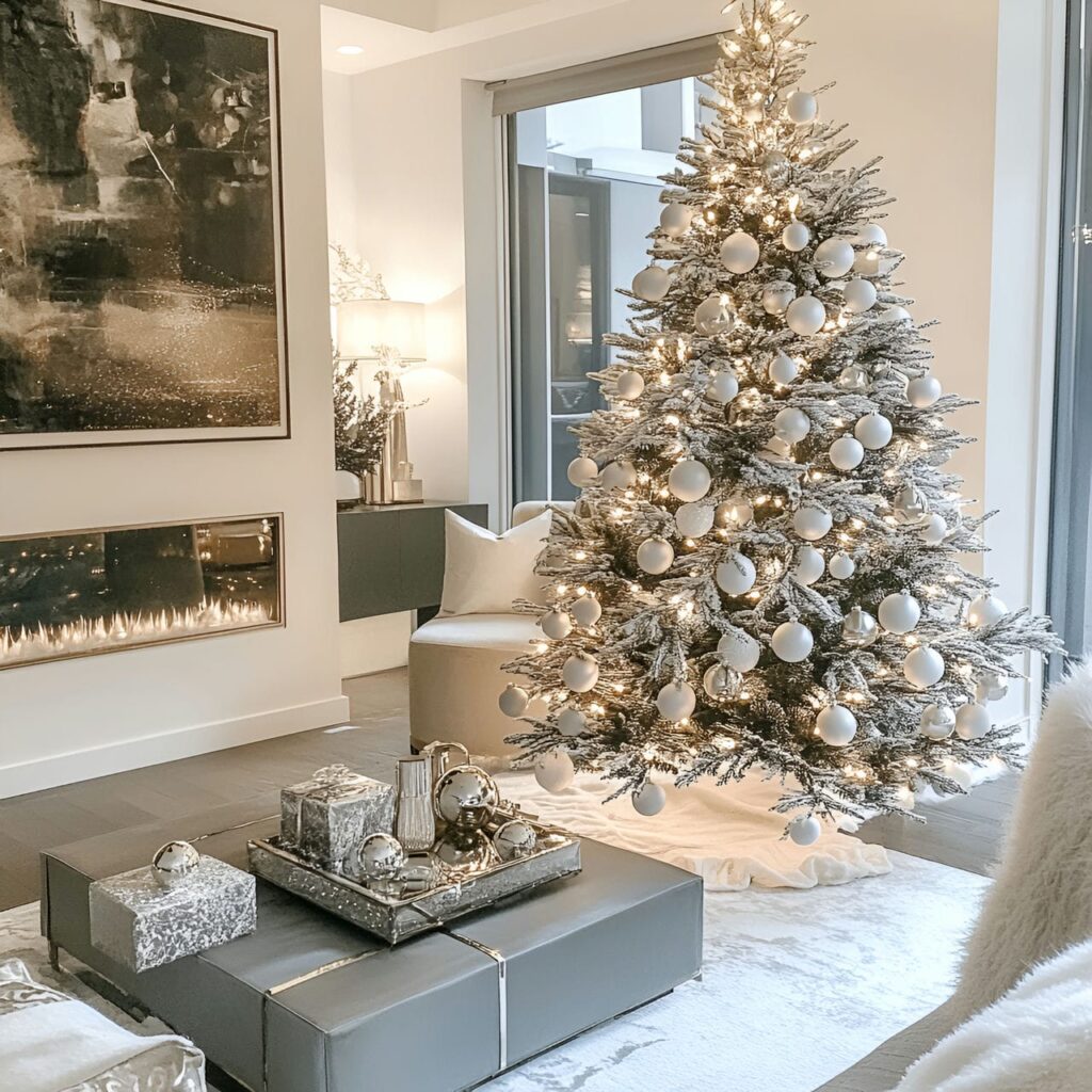 13. Gunmetal & White Sleek Style Tree with Reflective Baubles