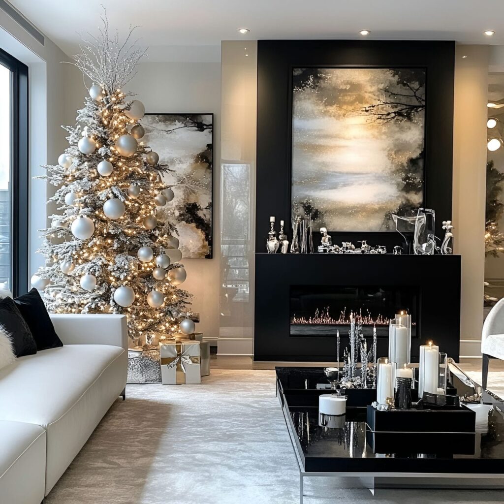 13. Gunmetal & White Sleek Style Tree with Reflective Baubles