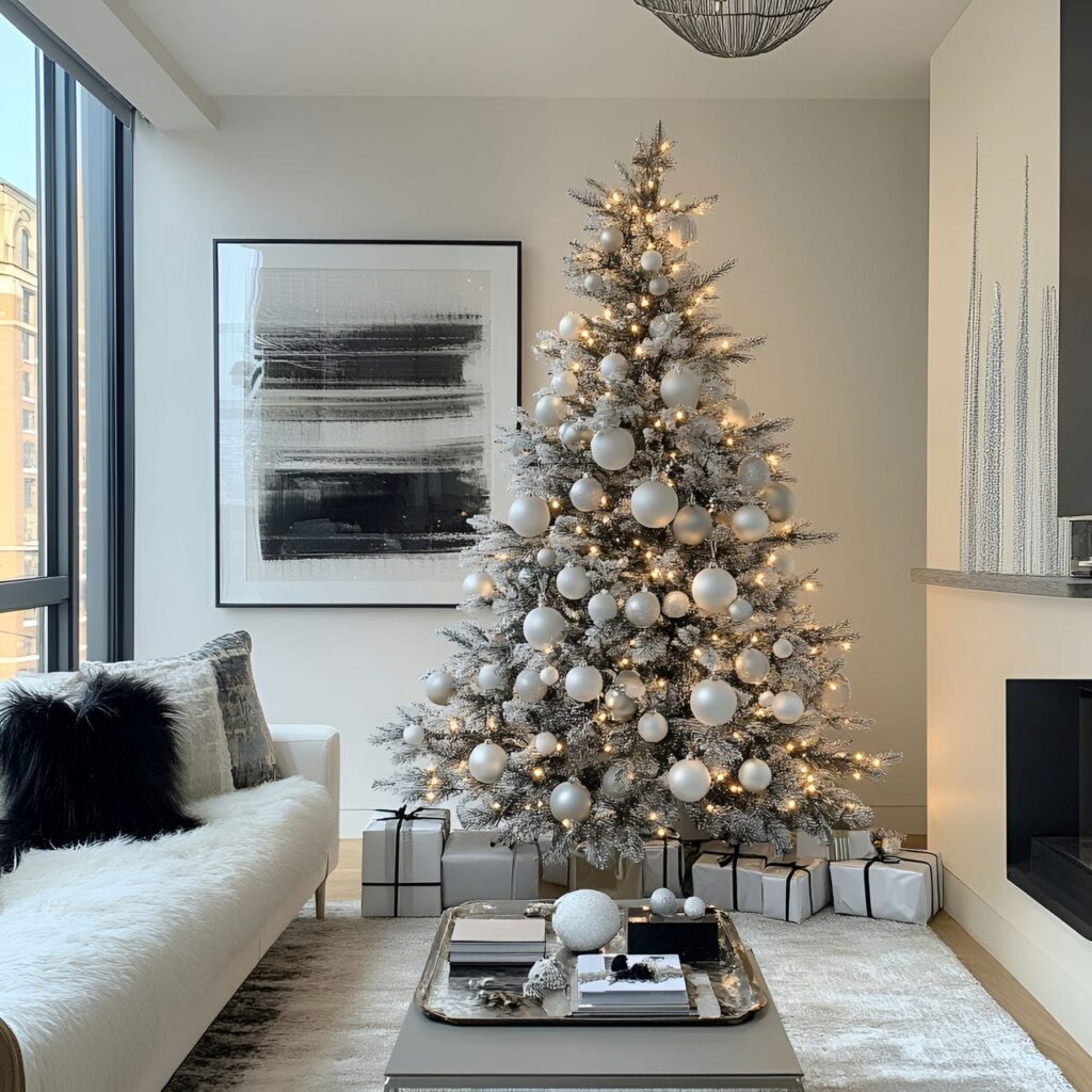 13. Gunmetal & White Sleek Style Tree with Reflective Baubles