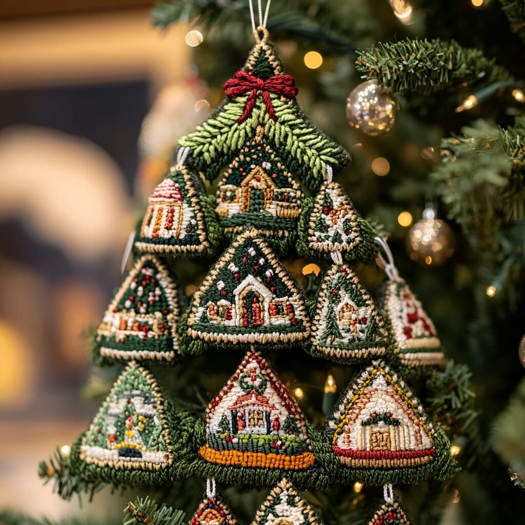 10. Embroidered Ornaments Christmas Tree with Festive Patterns