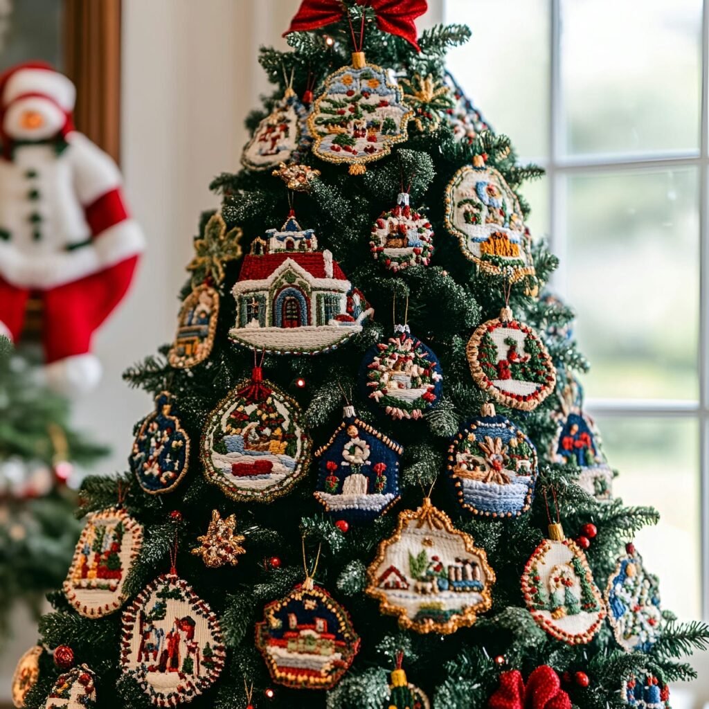 10. Embroidered Ornaments Christmas Tree with Festive Patterns