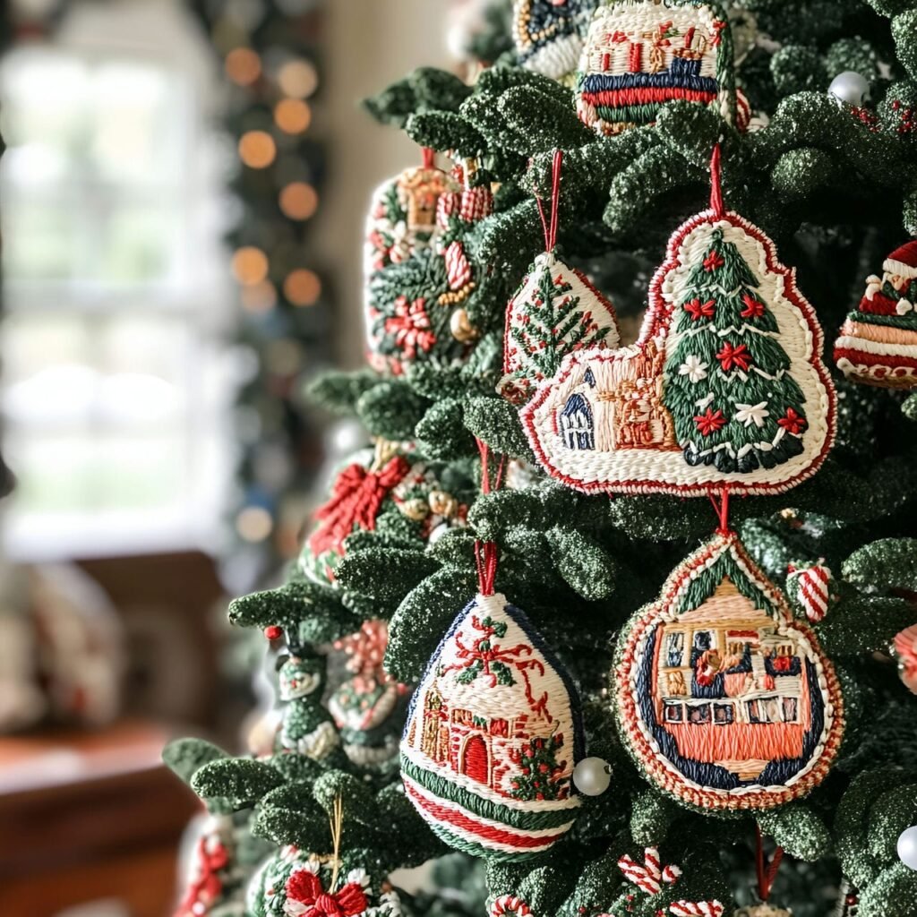 10. Embroidered Ornaments Christmas Tree with Festive Patterns