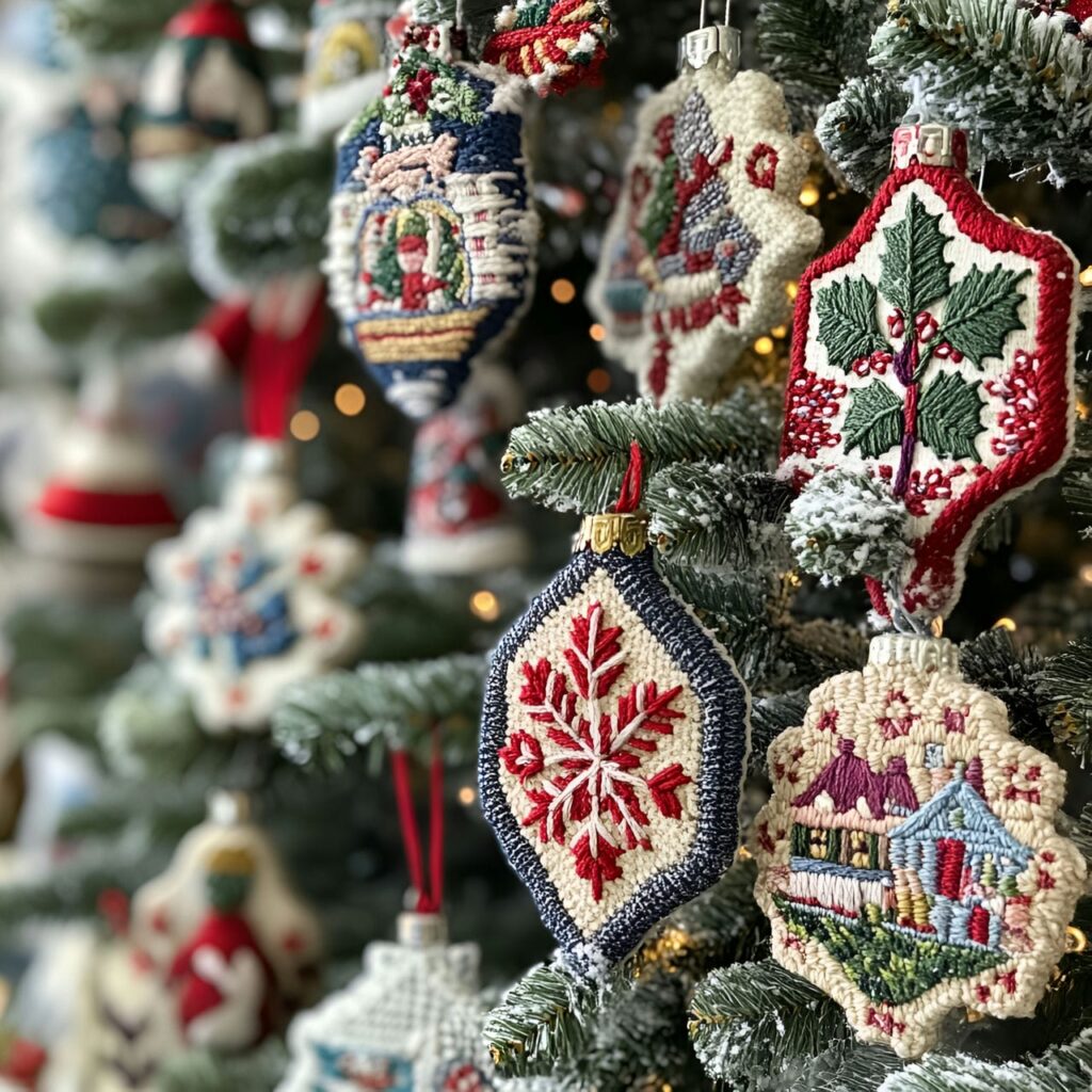 10. Embroidered Ornaments Christmas Tree with Festive Patterns