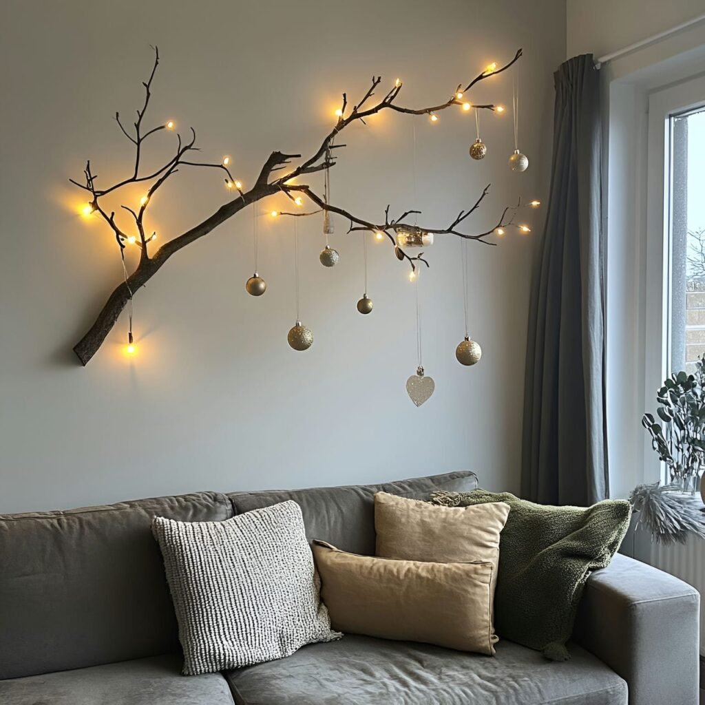 04. Hanging Branch Christmas Tree with Neutral Ornaments