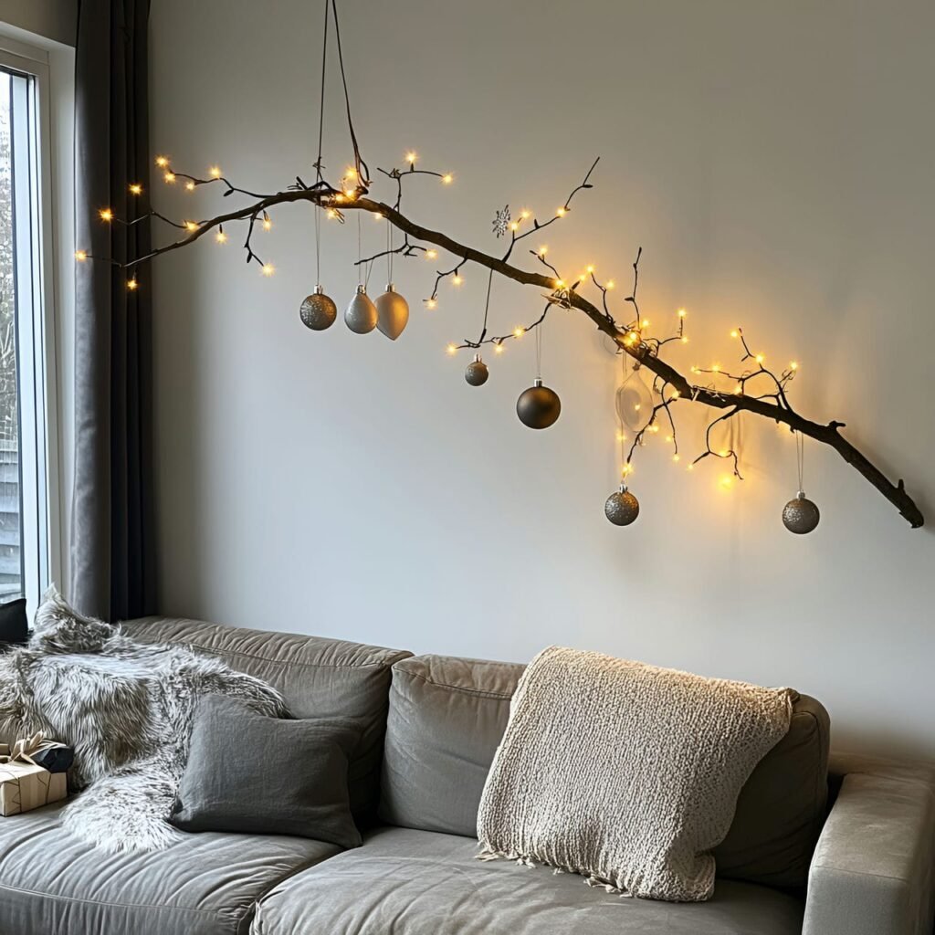 04. Hanging Branch Christmas Tree with Neutral Ornaments