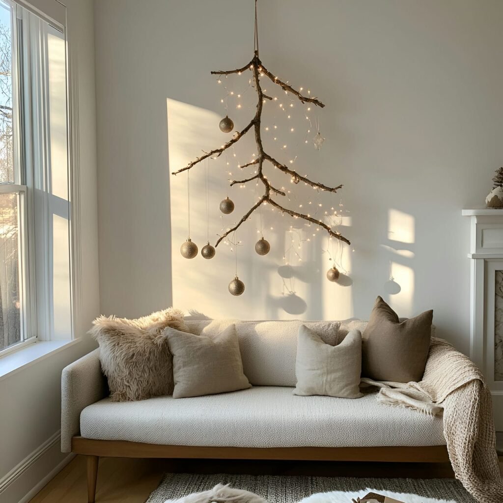 04. Hanging Branch Christmas Tree with Neutral Ornaments