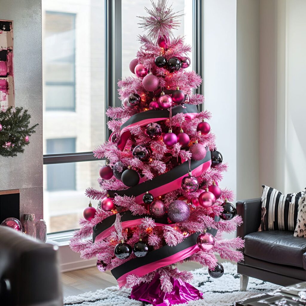 08. Hot Pink & Black Stripes Metallic Accent Tree with Bold Ribbon