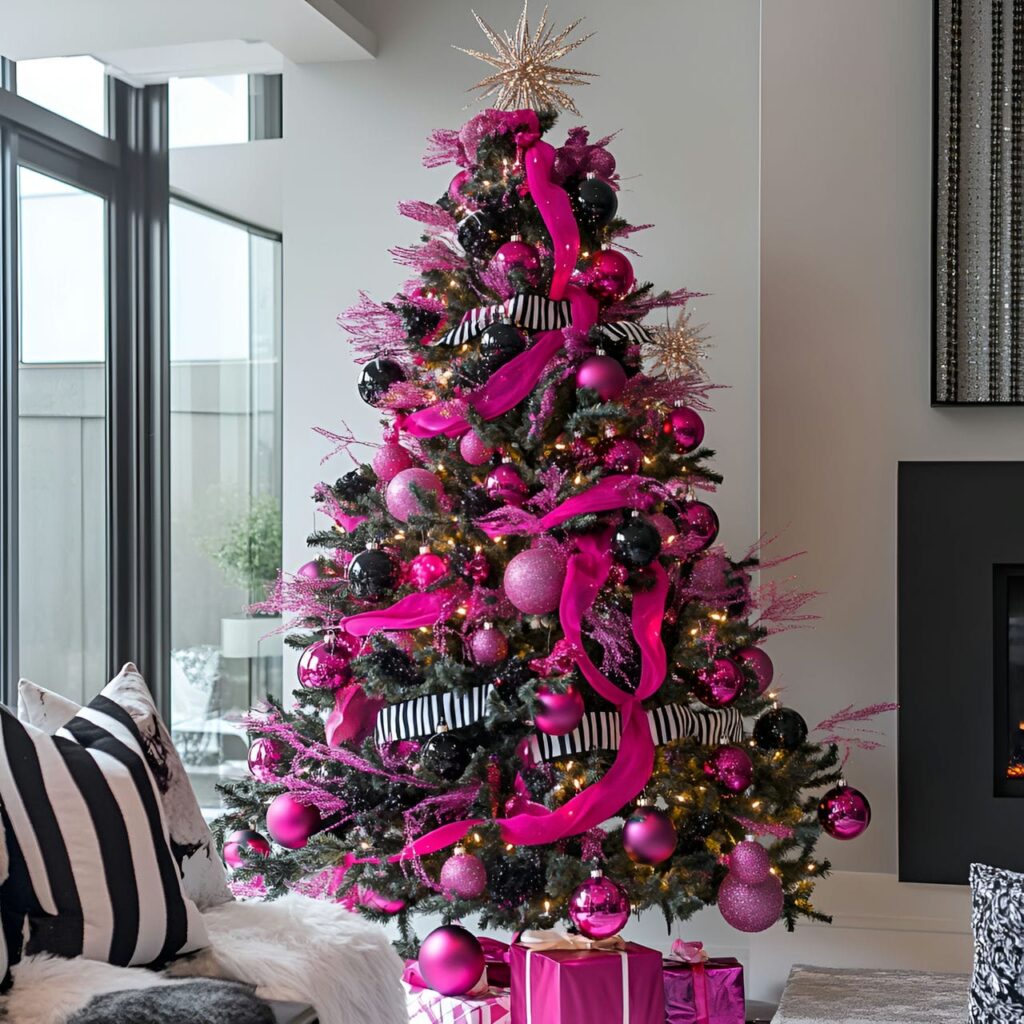 08. Hot Pink & Black Stripes Metallic Accent Tree with Bold Ribbon