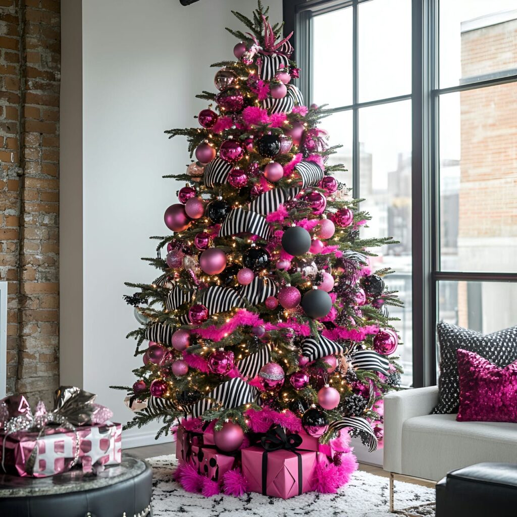 08. Hot Pink & Black Stripes Metallic Accent Tree with Bold Ribbon