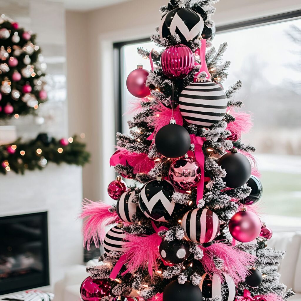 08. Hot Pink & Black Stripes Metallic Accent Tree with Bold Ribbon