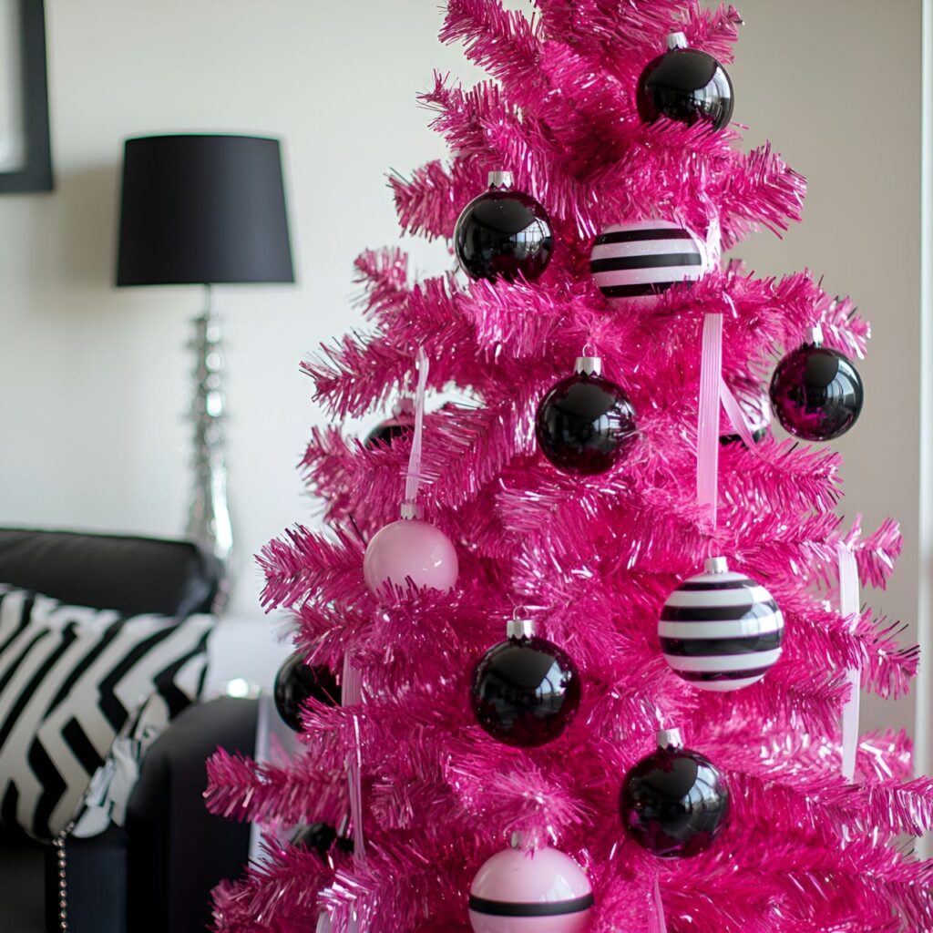 08. Hot Pink & Black Stripes Metallic Accent Tree with Bold Ribbon