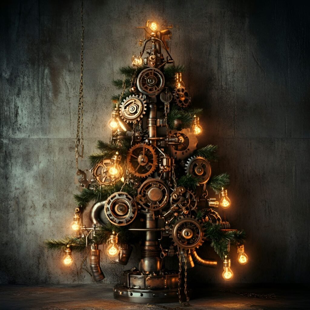 19. Steampunk Christmas Tree: A Whimsical Blend of Vintage and Futuristic Holiday Décor