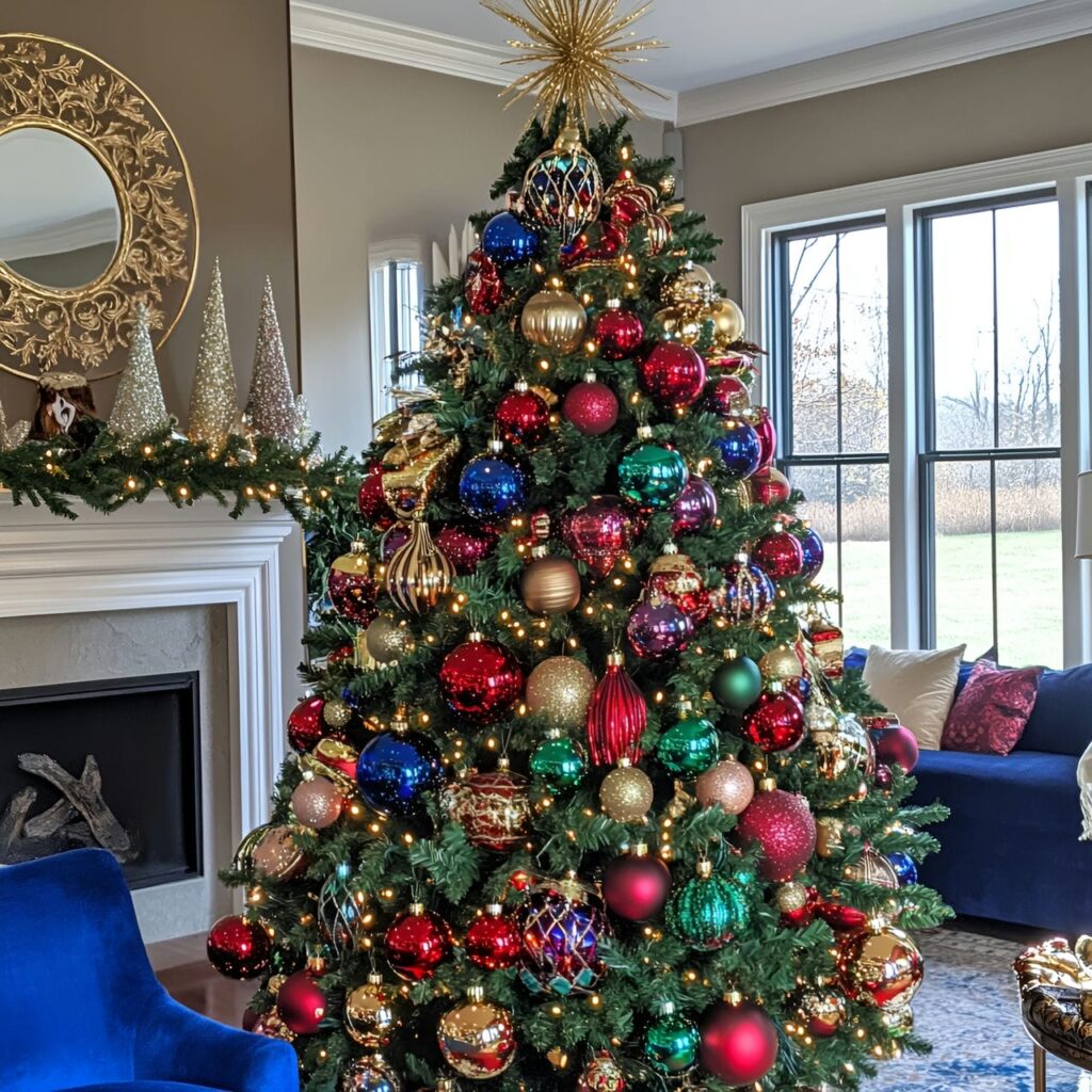 11. Jewel-Toned Multi-Colored Tree with Rich Ornament Colors