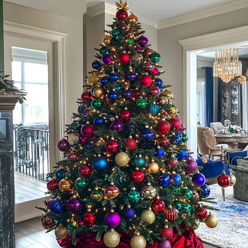 11. Jewel-Toned Multi-Colored Tree with Rich Ornament Colors