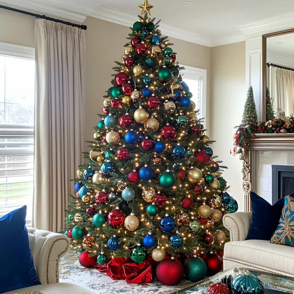 11. Jewel-Toned Multi-Colored Tree with Rich Ornament Colors